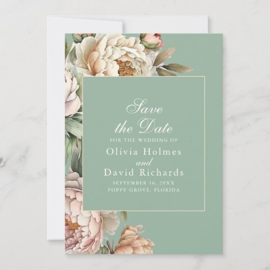 Elegante Blush Roze Pioenrozen Pastel Sage Bruilof Save The Date (Voorkant)