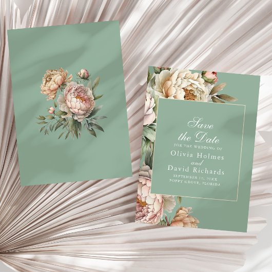 Elegante Blush Roze Pioenrozen Pastel Sage Bruilof Save The Date