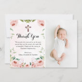 Elegante Blush Roze Rose Bloemen Doop Foto Bedankkaart (Voorkant)