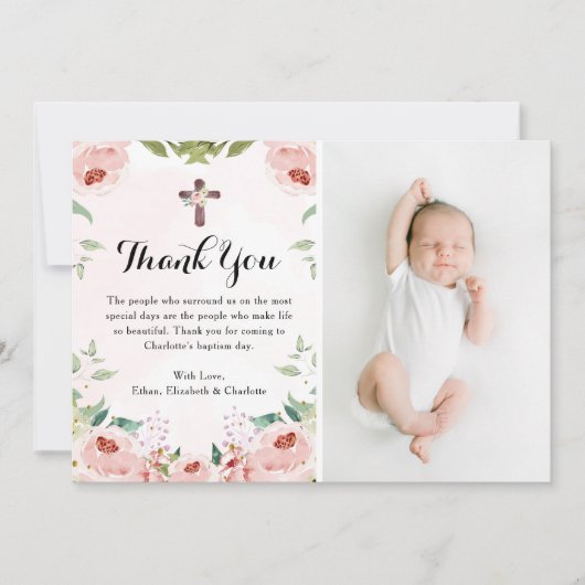 Elegante Blush Roze Rose Bloemen Doop Foto Bedankkaart (Voorkant)