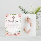 Elegante Blush Roze Rose Bloemen Doop Foto Bedankkaart (Staand voorkant)