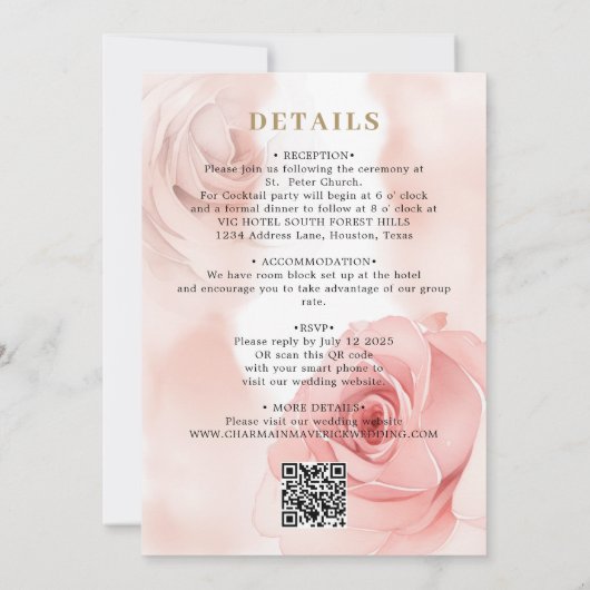 Elegante Blush Roze Rose Budget QR-code Trouwen Kaart (Achterkant)