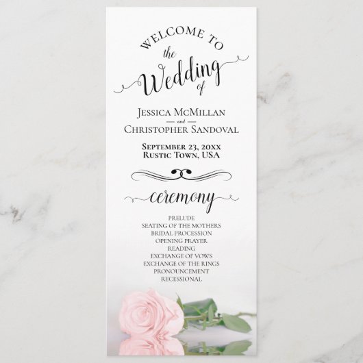 Elegante Blush Roze Rose Eenvoudige Romantische Br Programmakaart (Voorkant)