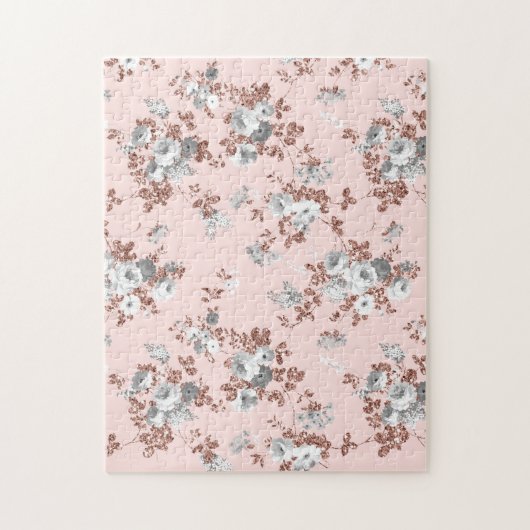 Elegante blush roze rosé goud glitter grijs bloeme legpuzzel (Verticaal)