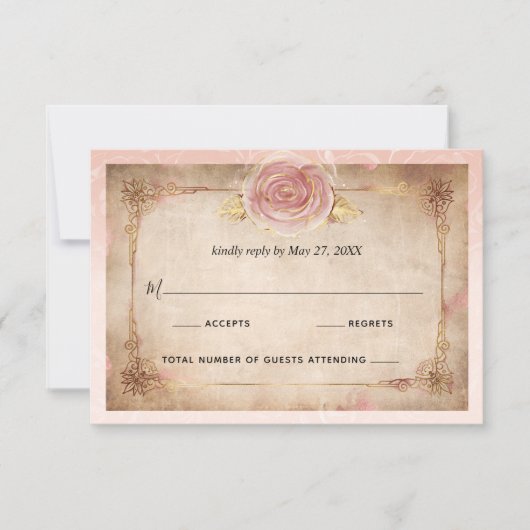 Elegante Blush Roze Rose Goud Rustieke Bruiloft RSVP Kaartje (Voorkant)