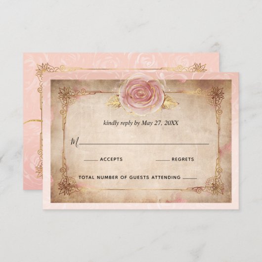 Elegante Blush Roze Rose Goud Rustieke Bruiloft RSVP Kaartje (Voorkant / Achterkant)