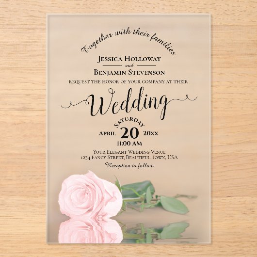 Elegante Blush Roze Rose Lacy Calligrafie Trouwen Acryl Uitnodigingen (Voorkant)
