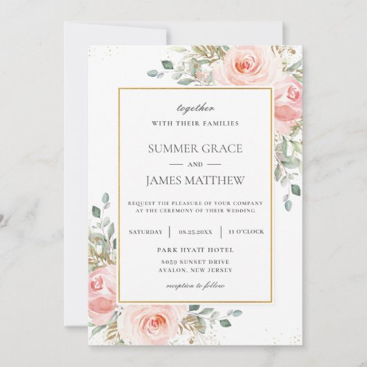 Elegante Blush Roze Rozen Bloemen Goud Bruiloft In Kaart (Voorkant)