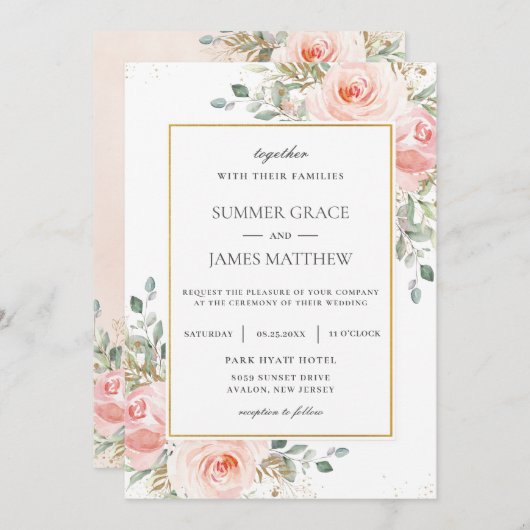Elegante Blush Roze Rozen Bloemen Goud Bruiloft In Kaart (Voorkant / Achterkant)