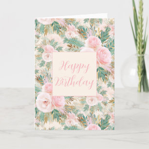 Elegante Blush Roze Rozen Bloemen Munt Gouden blad Bedankkaart