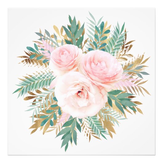 Elegante Blush Roze Rozen Bloemen Munt Gouden blad Foto Afdruk (Voorkant)