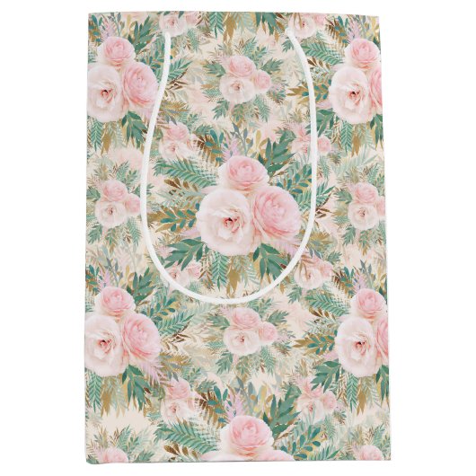 Elegante Blush Roze Rozen Bloemen Munt Gouden blad Medium Cadeauzakje (Voorkant)