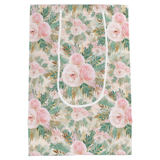 Elegante Blush Roze Rozen Bloemen Munt Gouden blad Medium Cadeauzakje (Achterkant)