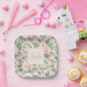 Elegante Blush Roze Rozen Bloemen Munt Gouden blad Papieren Bordje (Feest)