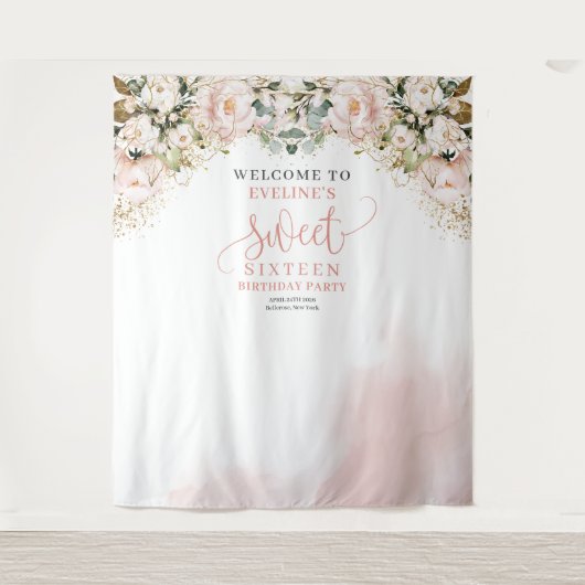 Elegante blush roze rozen eucalyptus 16e verjaarda wandkleed (Voorkant)