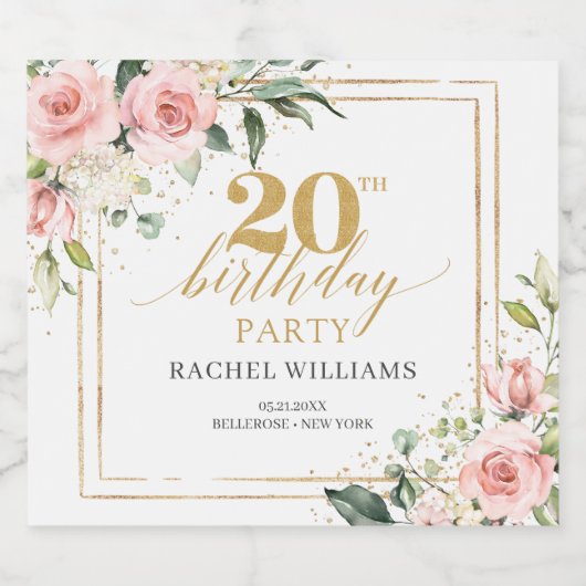Elegante blush roze rozen eucalyptus 20 verjaardag sparkling wijnetiket (Enkel label)