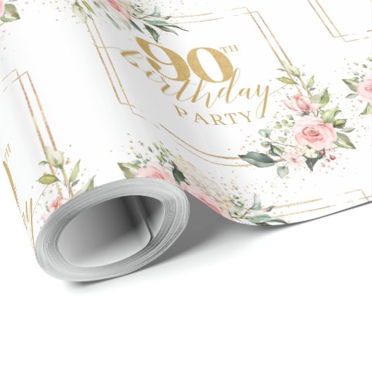 Elegante blush roze rozen eucalyptus 90ste verjaar cadeaupapier (Rol Hoek)