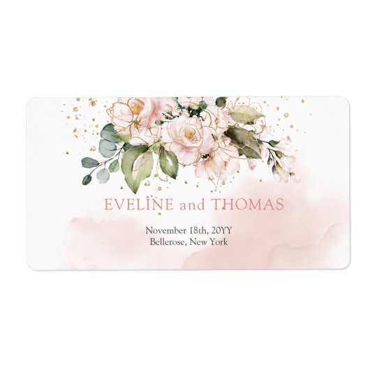 Elegante blush roze rozen eucalyptus goud schitter etiket (Voorkant)