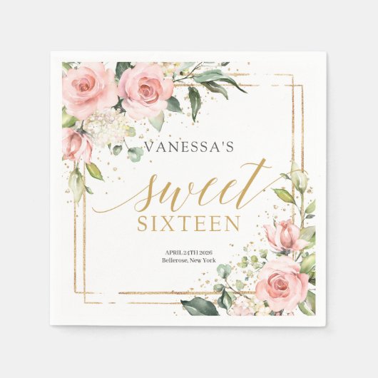 Elegante blush roze rozen eucalyptus goud Sweet 16 Servet (Voorkant)