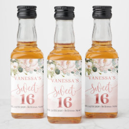 Elegante blush roze rozen eucalyptus goud zestien likeurfles etiket