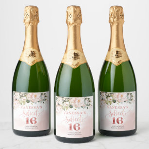 Elegante blush roze rozen eucalyptus goud zestien sparkling wijnetiket