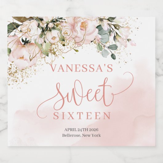 Elegante blush roze rozen eucalyptus goud zestien sparkling wijnetiket (Enkel label)