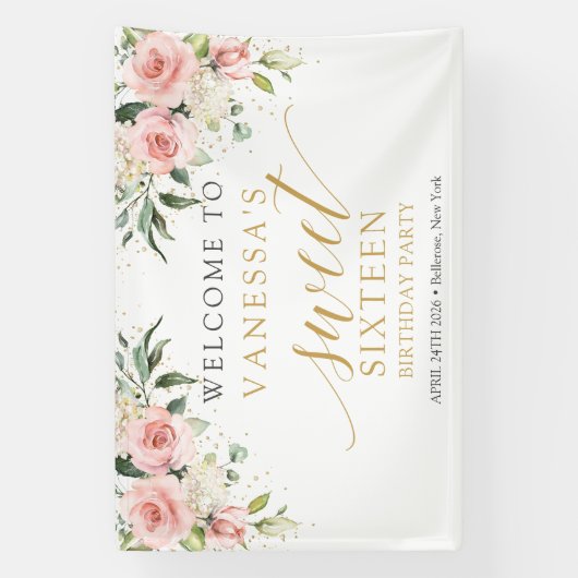 Elegante blush roze rozen eucalyptus goud zoet 16 spandoek (Verticaal)