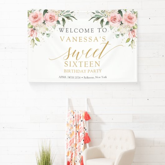 Elegante blush roze rozen eucalyptus goud zoet 16 spandoek (Insitu)