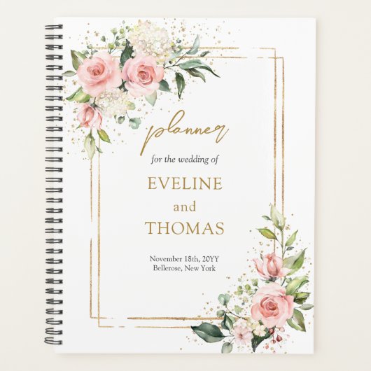 Elegante blush roze rozen eucalyptus gouden bruilo planner (Voorkant)
