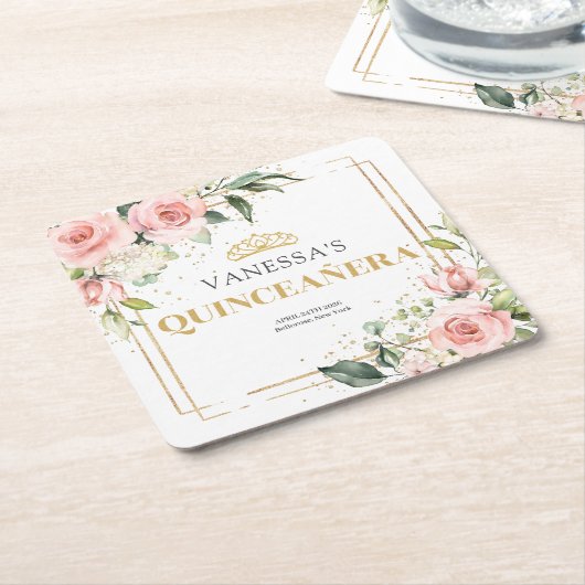 Elegante blush roze rozen groen goud Quinceañera Kartonnen Onderzetters (Schuin)