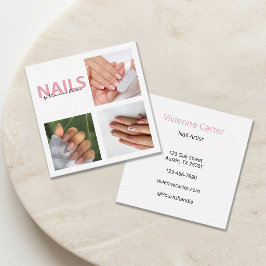 Elegante Blush Roze Script 3 Foto Nagelsalon Vierkante Visitekaartje