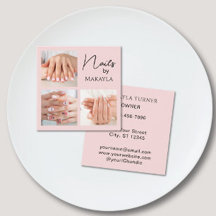 Elegante Blush Roze Script 3 Foto Nagelsalon  Vierkante Visitekaartje