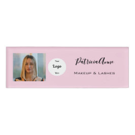 Elegante Blush Roze Script Foto Logo Make-up Naambadge