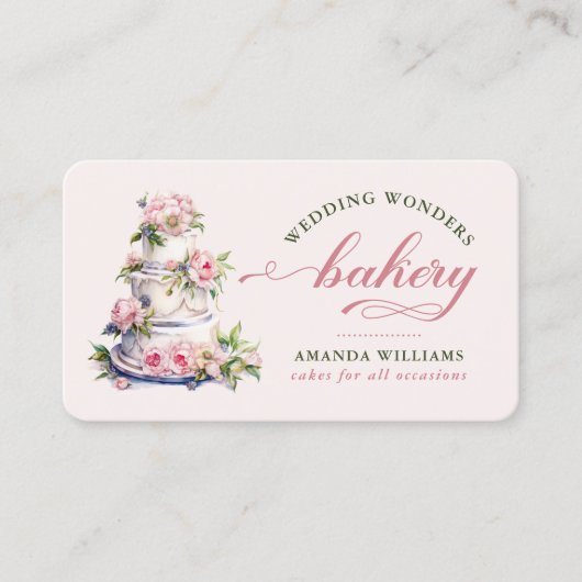 Elegante Blush Roze Waterverf Bloemencake Bakkerij Visitekaartje (Voorkant)