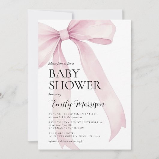 Elegante Blush Roze Waterverf Bow Girl Baby shower Kaart (Voorkant)