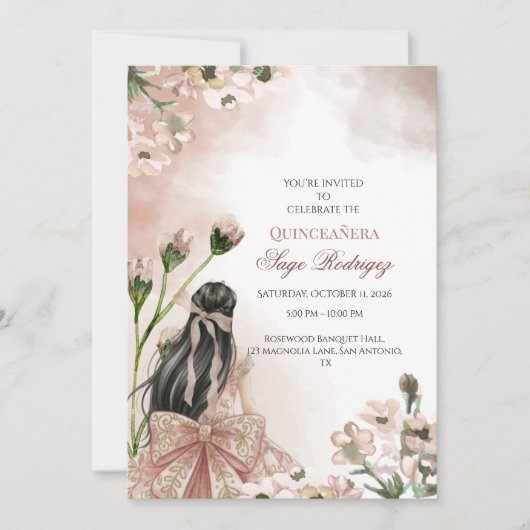 Elegante Blush Roze Waterverf Quinceañera Uitnodig Kaart (Voorkant)