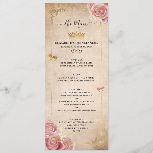 Elegante Blush Roze Waterverf Roos Gouden Bloem Menu (Voorkant)