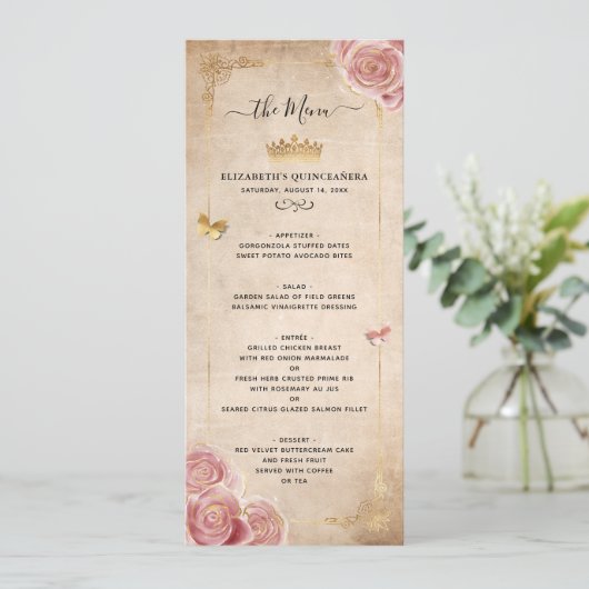 Elegante Blush Roze Waterverf Roos Gouden Bloem Menu (Staand voorkant)