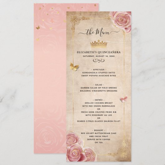 Elegante Blush Roze Waterverf Roos Gouden Bloem Menu (Voorkant / Achterkant)