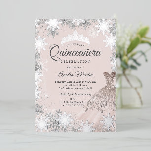 Elegante Blush Roze Winter Sneeuwvlok Quinceanera Folie Uitnodiging