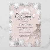 Elegante Blush Roze Winter Sneeuwvlok Quinceanera Folie Uitnodiging (Voorkant)