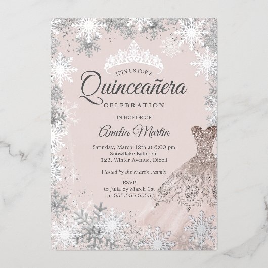 Elegante Blush Roze Winter Sneeuwvlok Quinceanera Folie Uitnodiging (Voorkant)