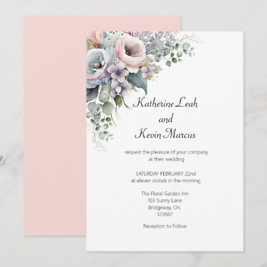 Elegante Blush Roze Wit Bloemen Bruiloft Uitnodigi Kaart (Voorkant / Achterkant)