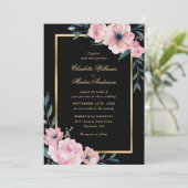 Elegante Blush Roze Zwart Goud Bloemen Huwelijk Kaart (Staand voorkant)