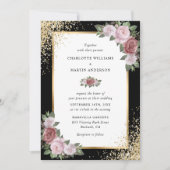 Elegante Blush Roze Zwart Goud Bloemen Huwelijk Kaart (Voorkant)