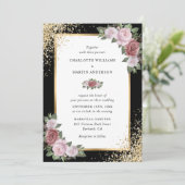 Elegante Blush Roze Zwart Goud Bloemen Huwelijk Kaart (Staand voorkant)