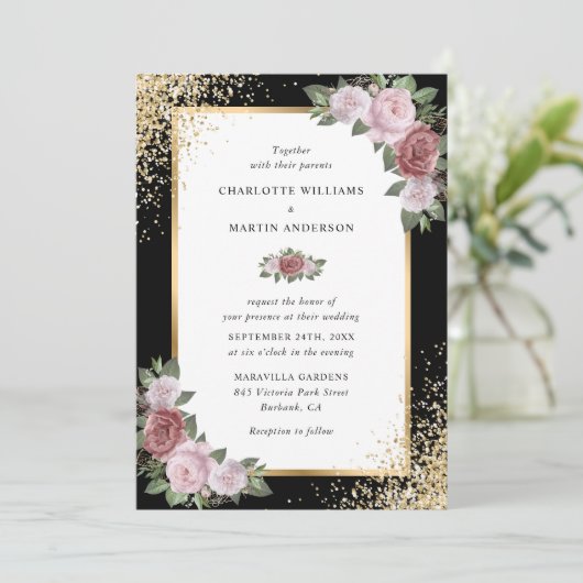 Elegante Blush Roze Zwart Goud Bloemen Huwelijk Kaart (Staand voorkant)