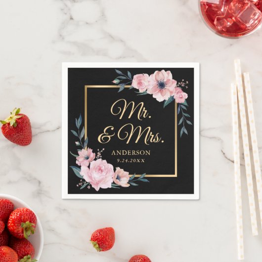 Elegante Blush Roze Zwart Goud Bloemen Huwelijk Servet (Insitu)