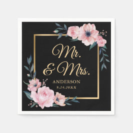 Elegante Blush Roze Zwart Goud Bloemen Huwelijk Servet