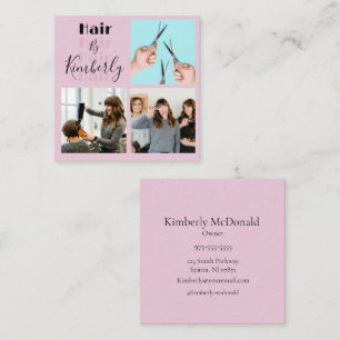 Elegante Blush Roze Zwarte Script 3 Foto Kapsalon Vierkante Visitekaartje